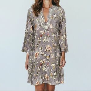Amaya 100% Silk Floral Embroidered Split V-Neck Long Sleeve Mini Dress Size 38